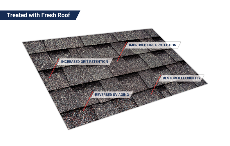 Asphalt shingles treated with Fresh Roof rejuvenation